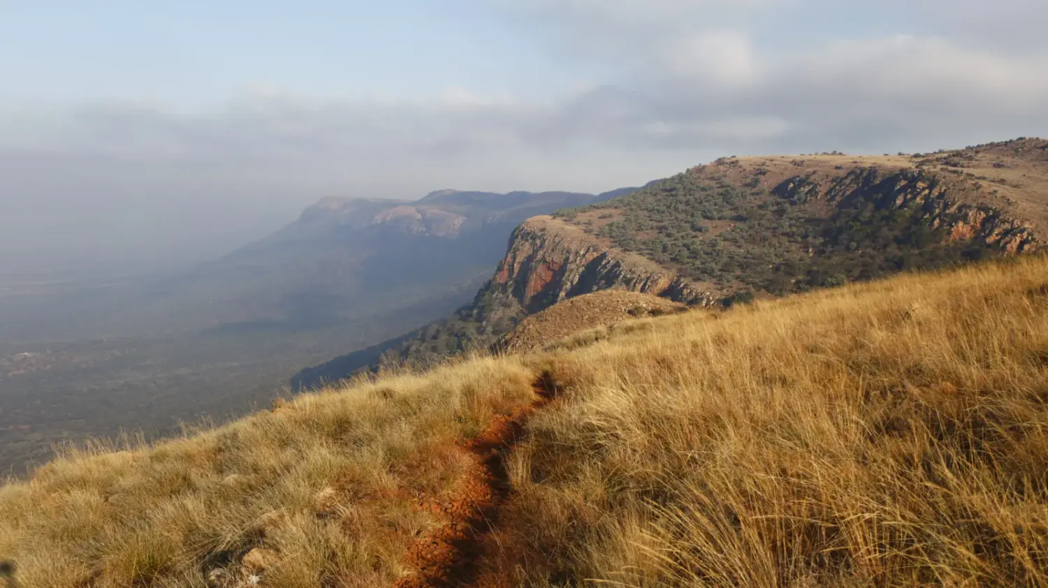Golden grassland and a red-earth footpath along the ridge above the Skeerpoort valley