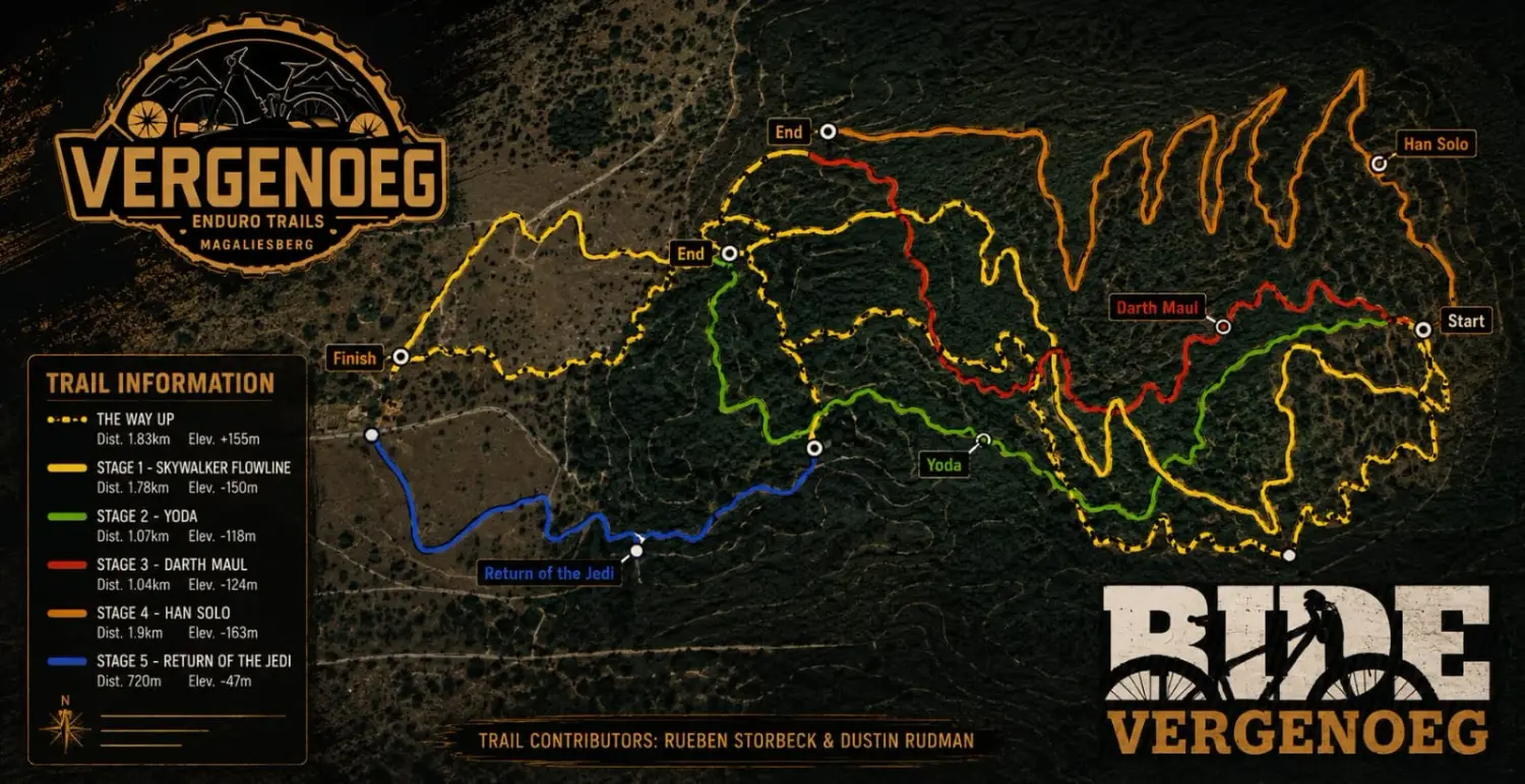 Vergenoeg Enduro Trails map showing all five MTB stages — Skywalker, Yoda, Darth Maul, Han Solo and Return of the Jedi — with distances and elevation